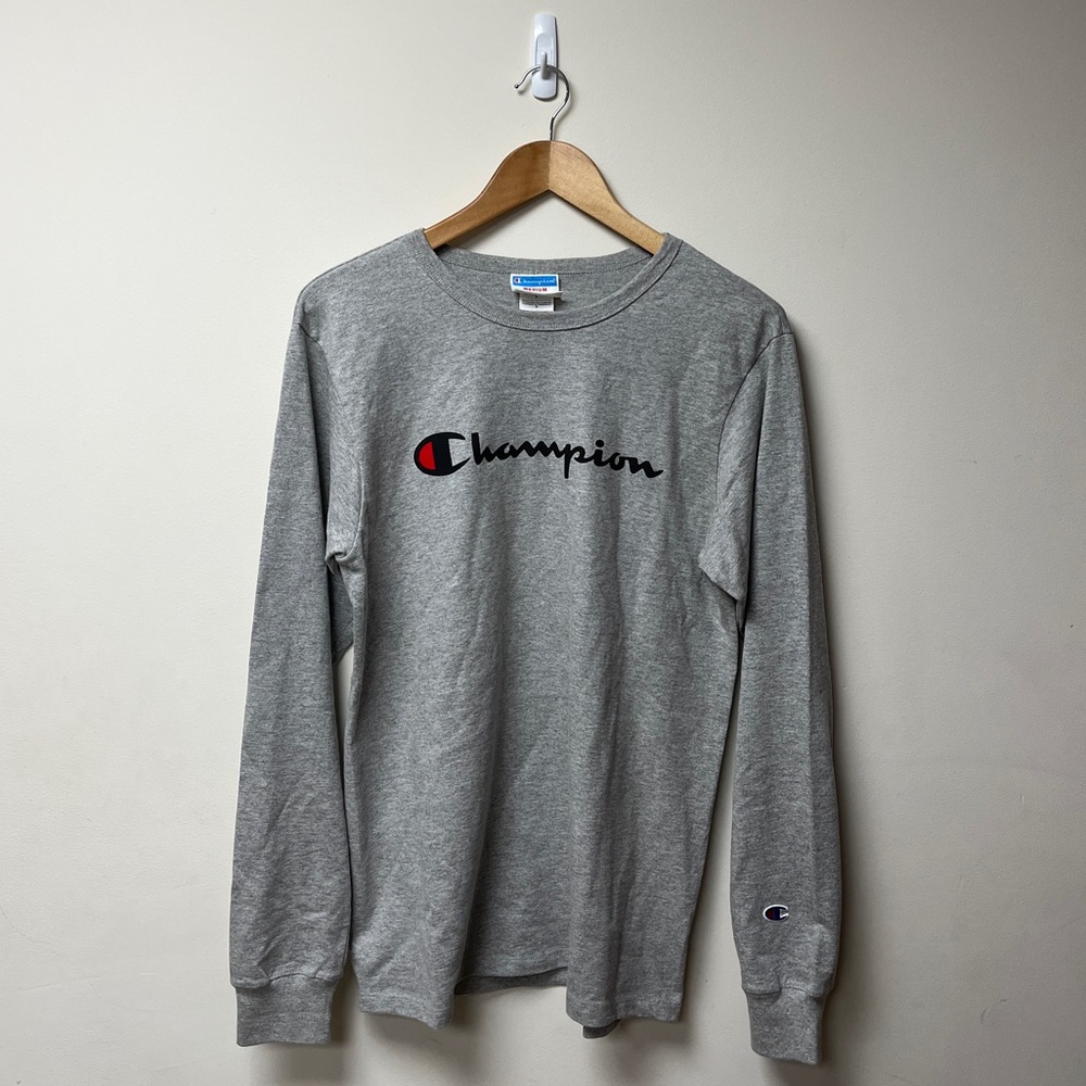 Champion Shirt Mens Medium Grey Graphic Logo Long Sleeve Tee Heavyweight Weave
